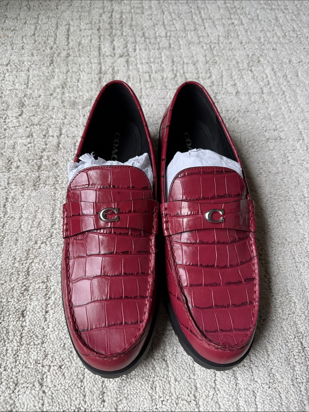 Coach Jocelyn Dark Ruby Croc-Embossed Leather Penny Loafers